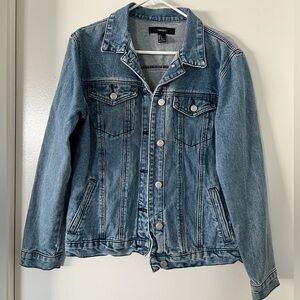 Forever 21 long sleeve jean jacket New York embroidered size S blue